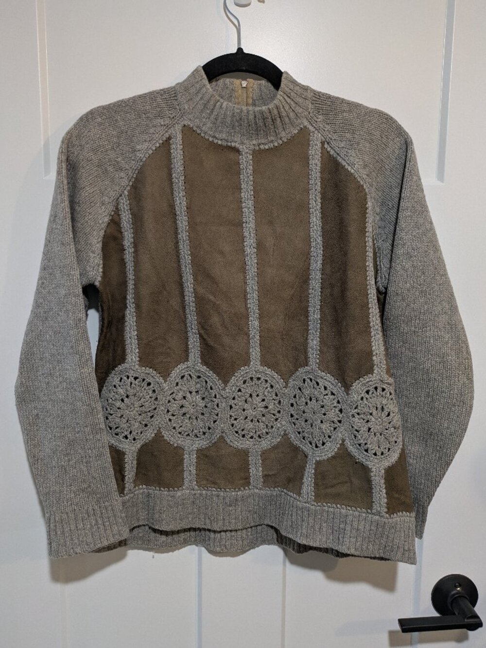 Rare Vintage 70s Tami Wool Crochet Patchwork & Suede Sweater Gray/Brown